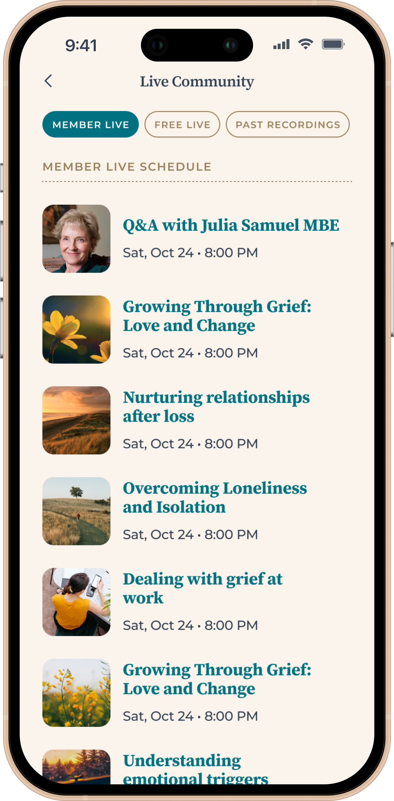 The live community schedule in the Grief Works app.