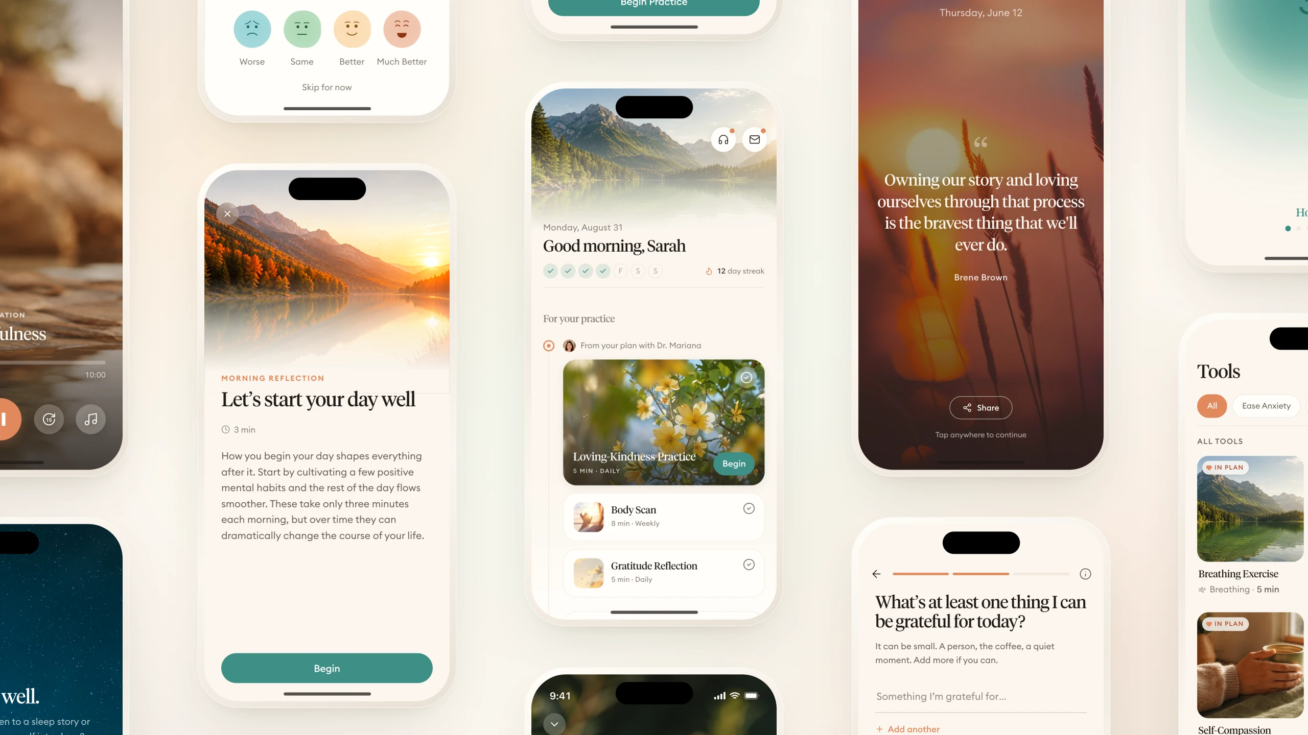 A wall of Cora screens: the home plan and its streak, a morning reflection, a gratitude question, a quote card, the tools library, a meditation player and a mood check.