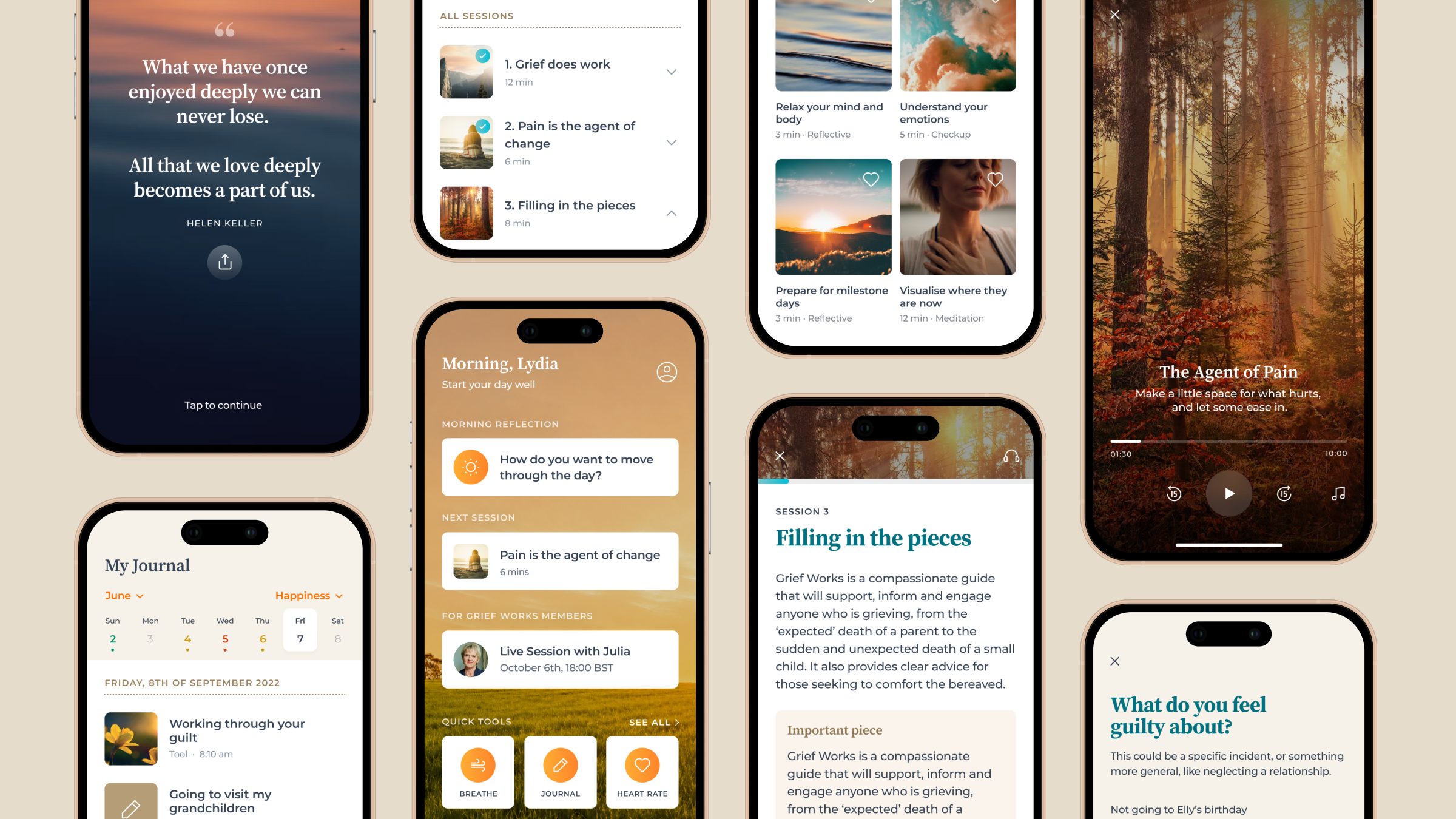 A spread of Grief Works app screens: the morning reflection, the journal, the session list, the tools library and the audio player.