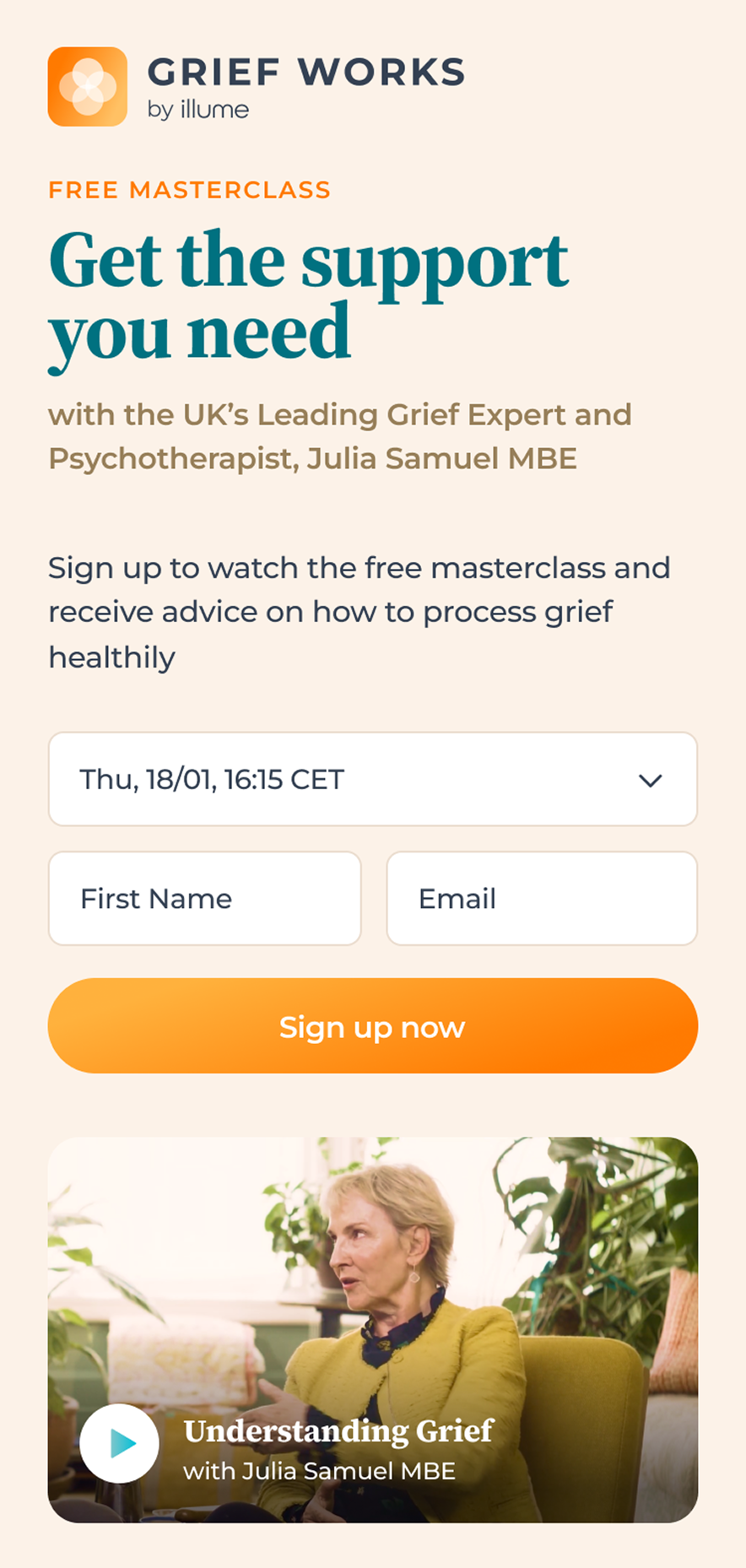 The masterclass sign-up page on a phone, with a session time, a short form and the film below it.