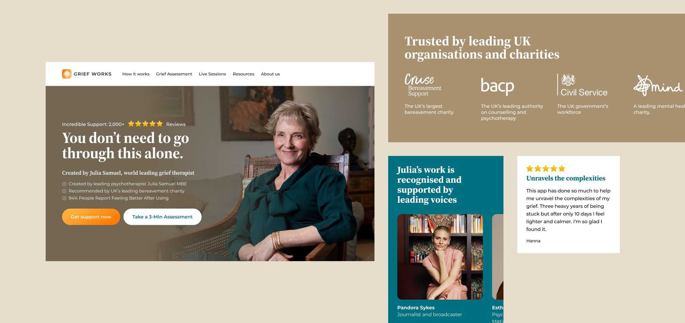 The Grief Works site: the home page hero, the organisations that endorse it, and a reader’s review.